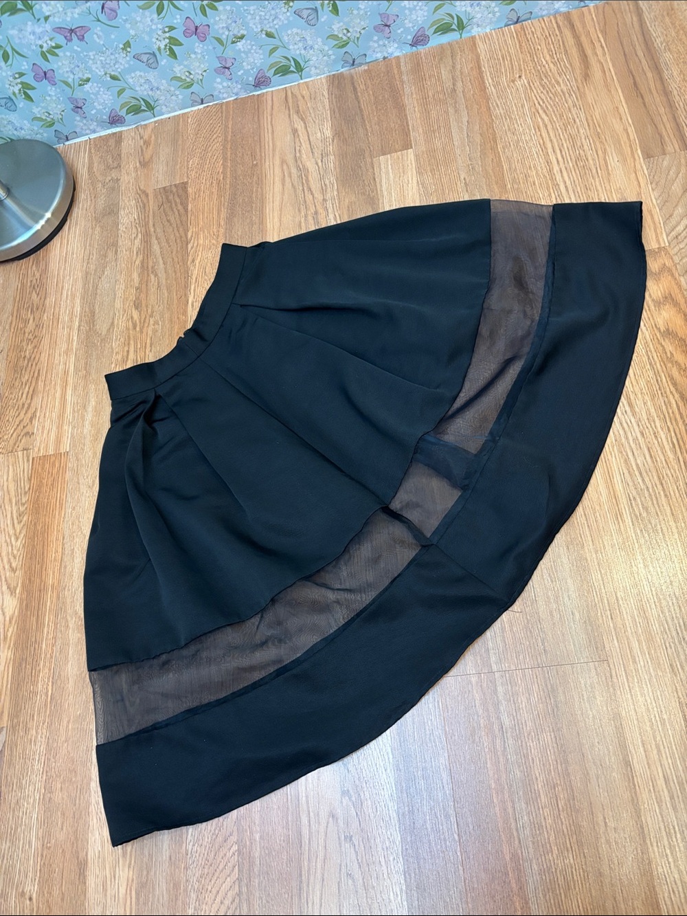 Express Black Pleated Midi Skirt with Sheer Panel. Size 4